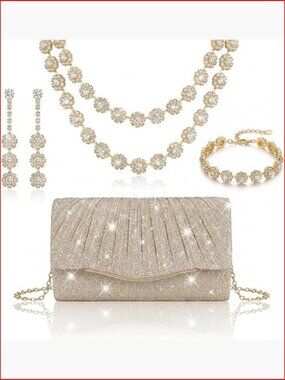 4 Pcs Rhinestone Jewelry Set with Clutch Purse for Wedding Prom Party